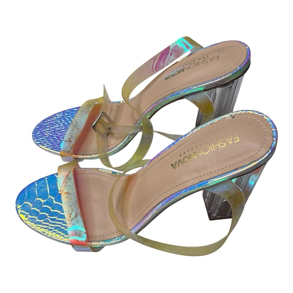 Fashion Nova Iridescent Glass Look Slipper Heels Shoes Size 8.5 M Womens